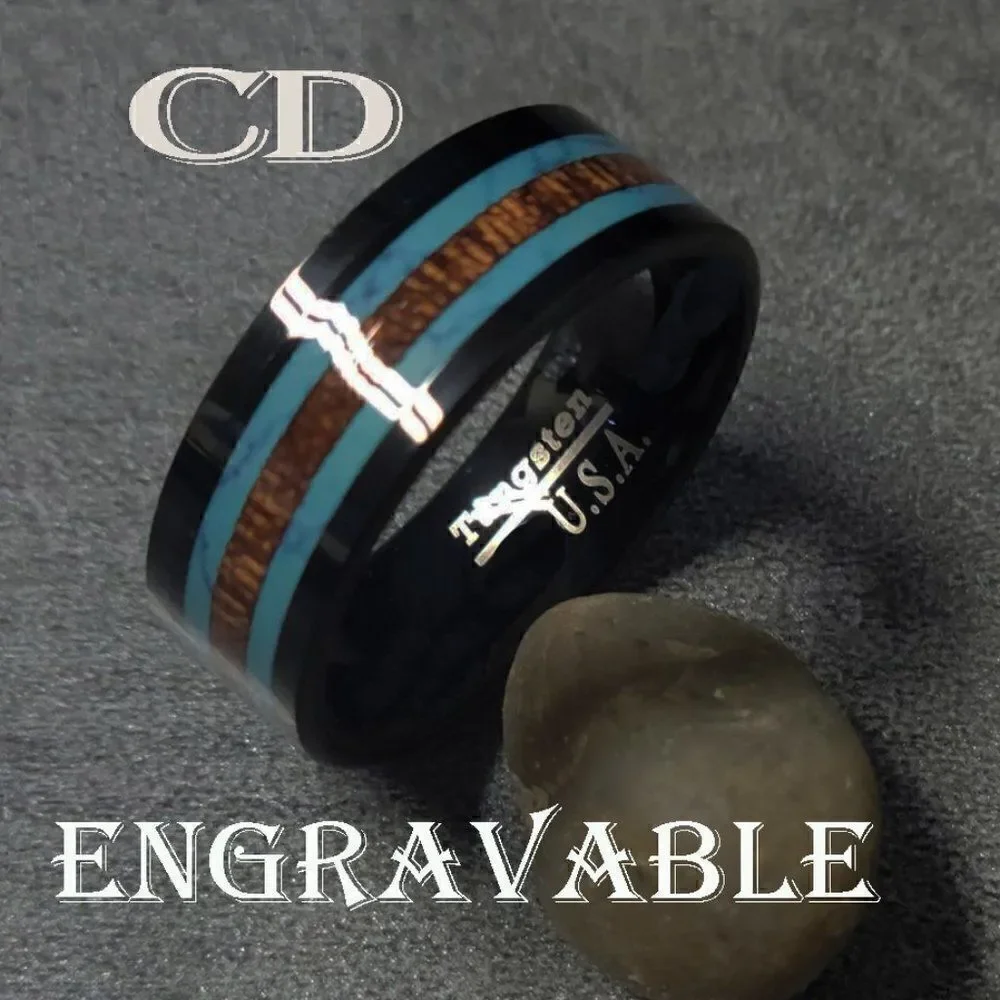 Personalized Engraved Men's Turquoise and Koa Wood Wedding Ring Band